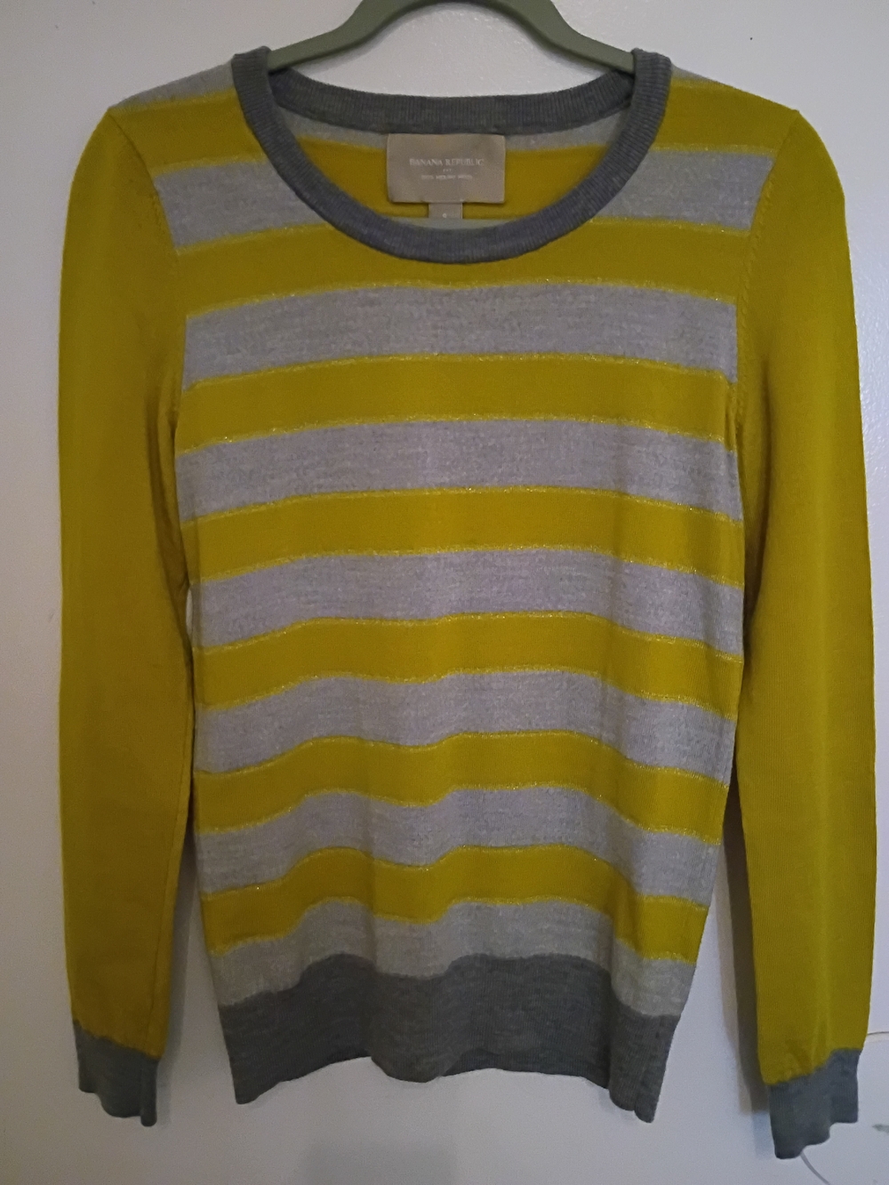 Banana Republic Yellow and Gray Striped Crew Neck Sweater 100% Merino Wool Sz S